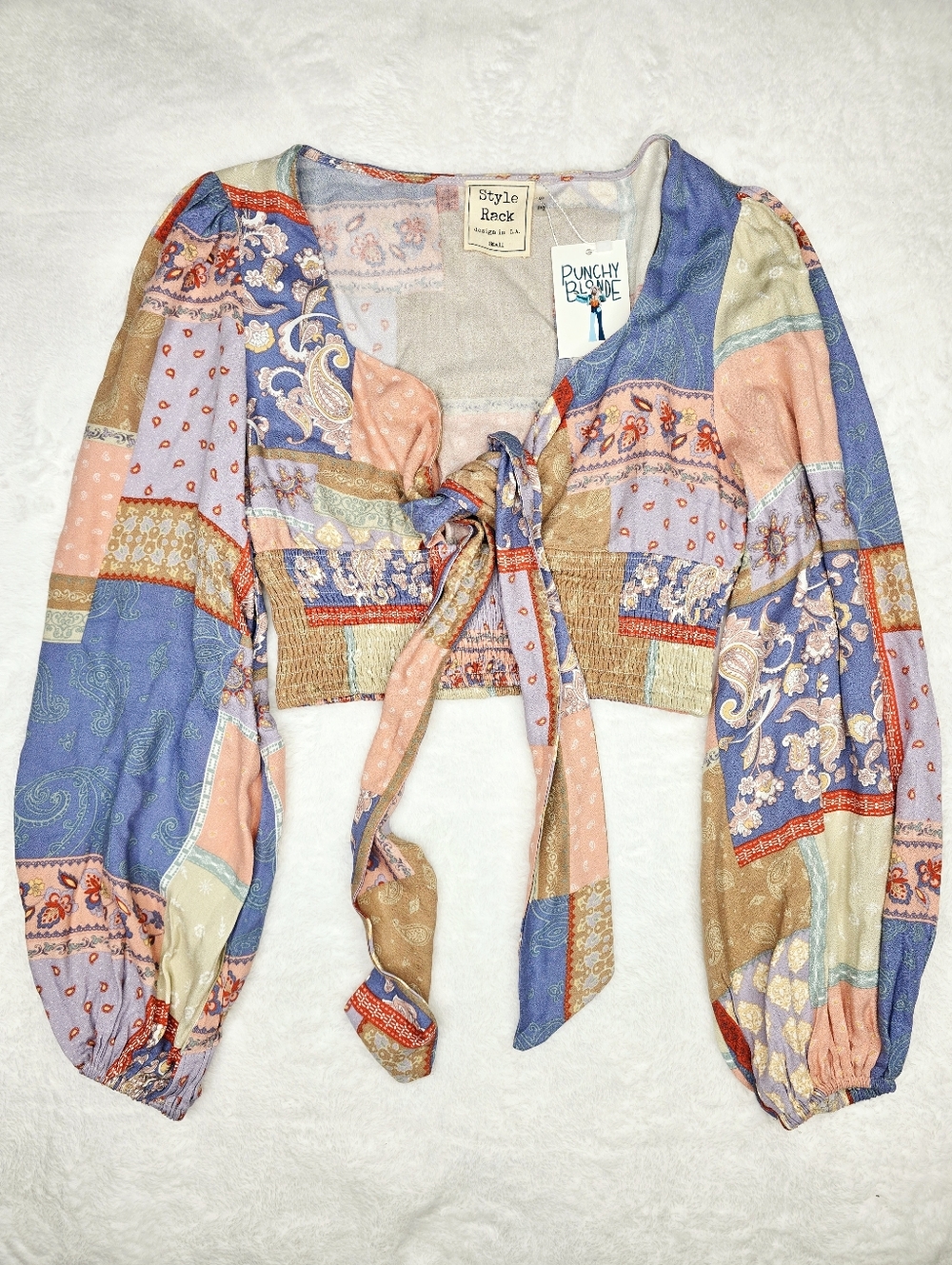 Style Rack Patchwork Boho Crop Top Tie Front Balloon Sleeve Small NWT